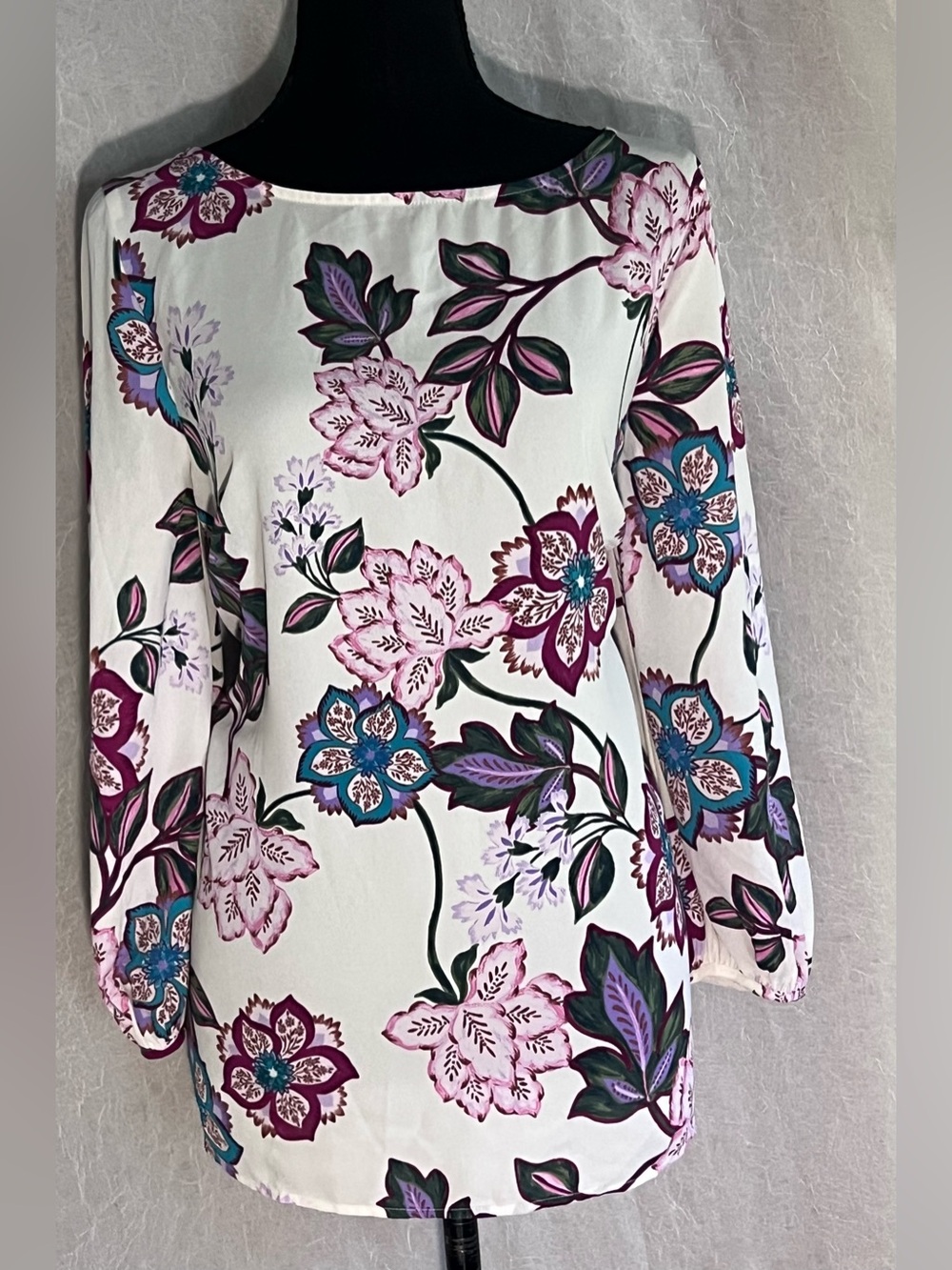 Talbots White Floral Blouse with Pink, Teal and Green Accents